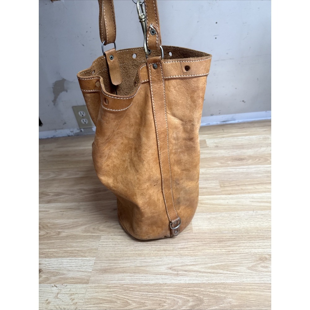 Vintage Tan Leather Bucket Cinch top Tote Bag